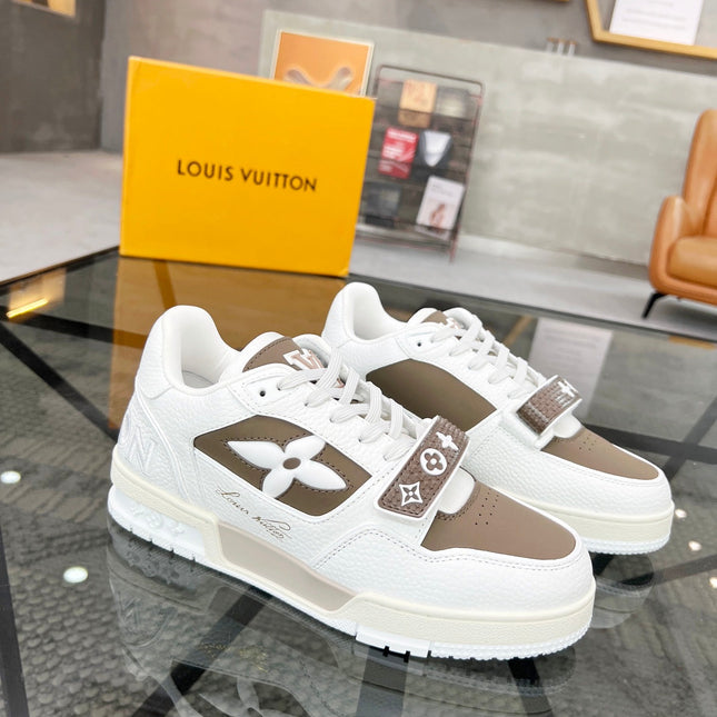 LV TRAINER SNEAKER WHITE CALFSKIN MIX CAMEL BEIGE SUEDE