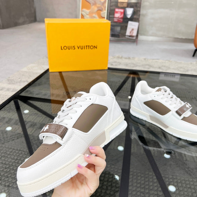 LV TRAINER SNEAKER WHITE CALFSKIN MIX CAMEL BEIGE SUEDE