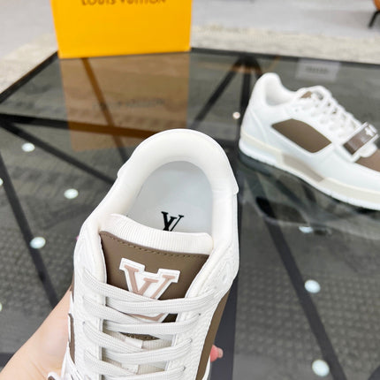 LV TRAINER SNEAKER WHITE CALFSKIN MIX CAMEL BEIGE SUEDE