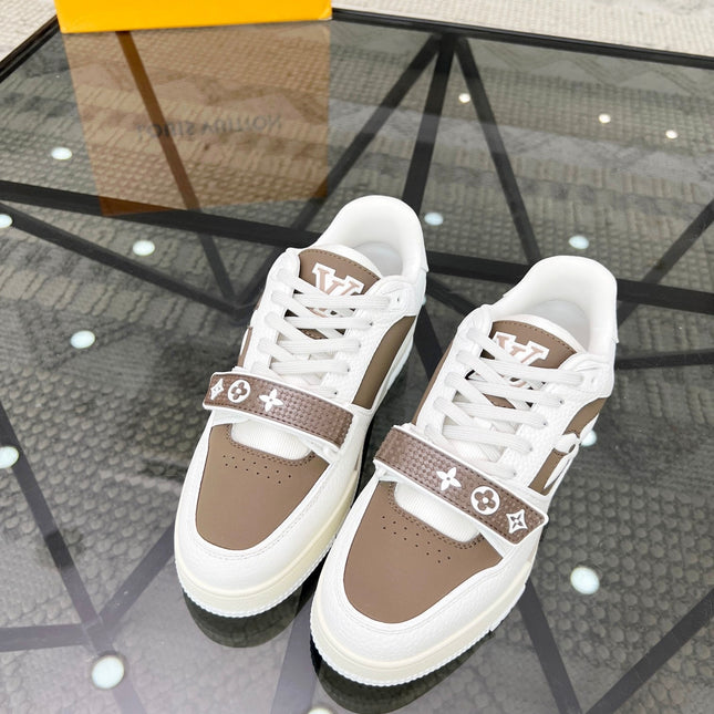 LV TRAINER SNEAKER WHITE CALFSKIN MIX CAMEL BEIGE SUEDE