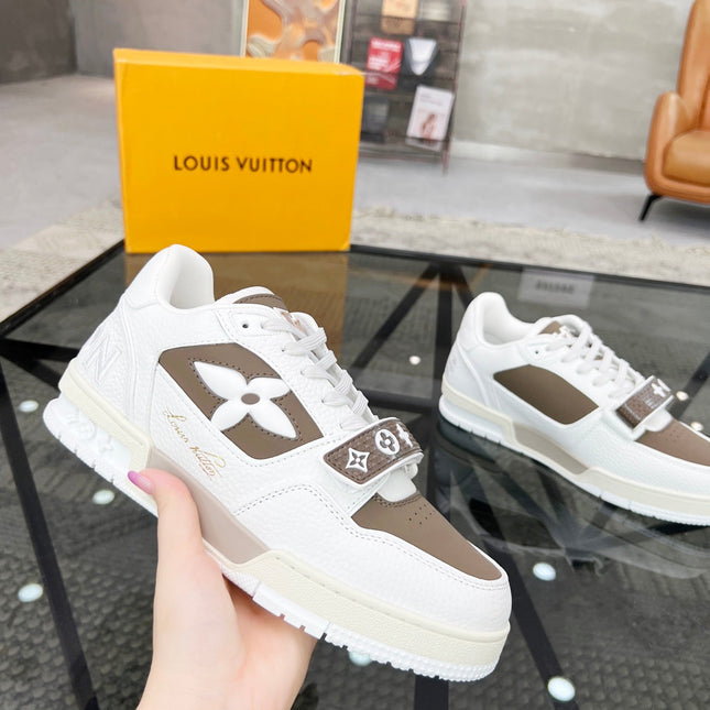 LV TRAINER SNEAKER WHITE CALFSKIN MIX CAMEL BEIGE SUEDE