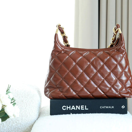 CHANEL 25S HOBO BAG 32 CM IN BROWN LAMBSKIN WITH GOLD HARDWARE