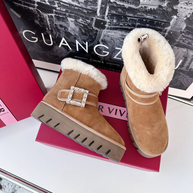 VIV' WINTER FUR STRASS BUCKLE ANKLE BOOTS IN TAN BROWN SUEDE
