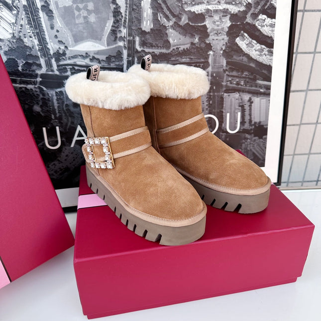 VIV' WINTER FUR STRASS BUCKLE ANKLE BOOTS IN TAN BROWN SUEDE