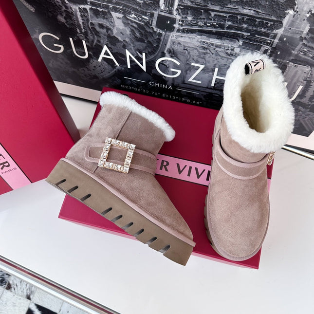 VIV' WINTER FUR STRASS BUCKLE ANKLE BOOTS IN TAUPE SUEDE
