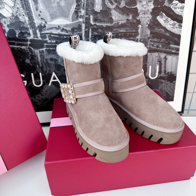 VIV' WINTER FUR STRASS BUCKLE ANKLE BOOTS IN TAUPE SUEDE