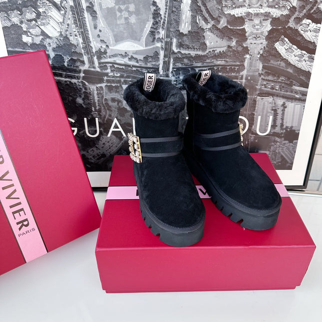 VIV' WINTER FUR STRASS BUCKLE ANKLE BOOTS IN BLACK SUEDE