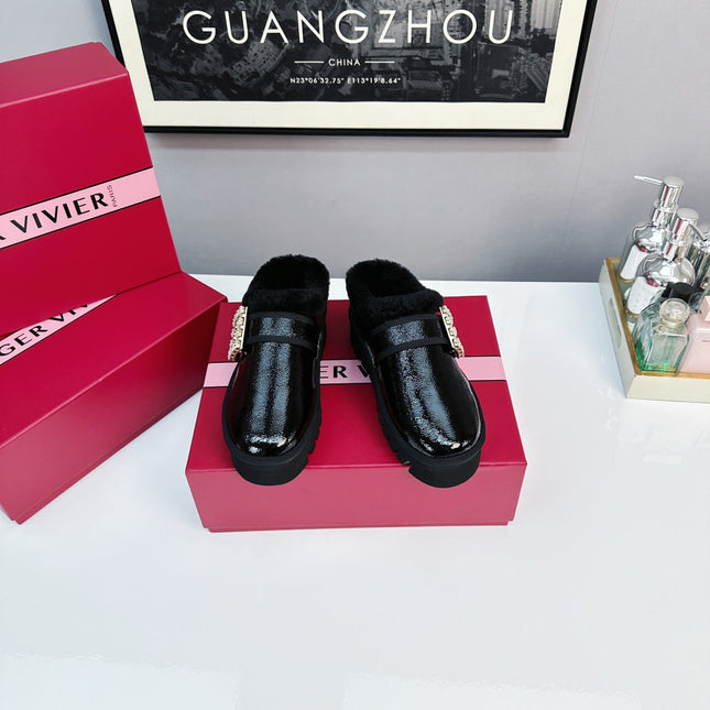 VIV WINTER PLATFORM MULES IN BLACK PATENT CALFSKIN