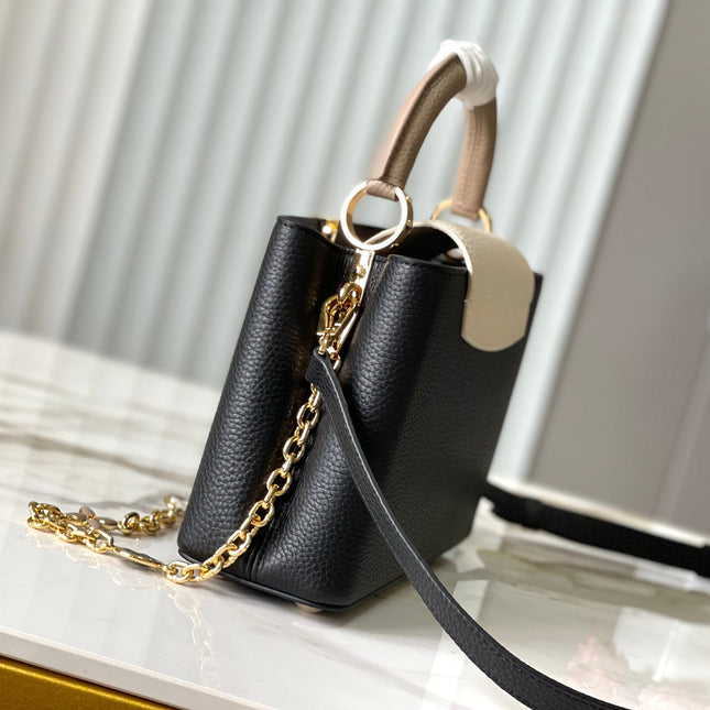 CAPUCINES BB 27 IN BLACK MIX WHITE TAURILLON GOLD HARDWARE