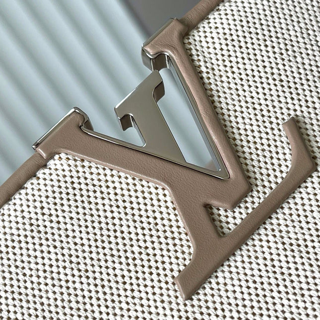 CAPUCINES SOUPLE GM 38 IN WHITE CANVAS AND TAUPE CALFSKIN TRIM