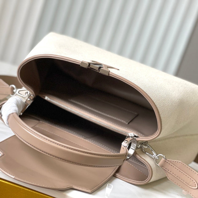 CAPUCINES SOUPLE GM 38 IN WHITE CANVAS AND TAUPE CALFSKIN TRIM