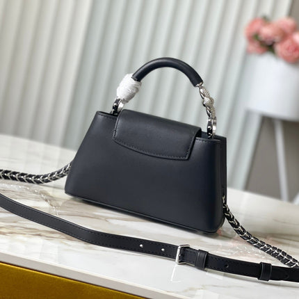CAPUCINES EAST-WEST MINI 22 IN BLACK SHEEPSKIN CRYSTAL AND SILVER HARDWARE