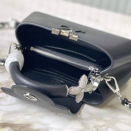 CAPUCINES EAST-WEST MINI 22 IN BLACK SHEEPSKIN CRYSTAL AND SILVER HARDWARE