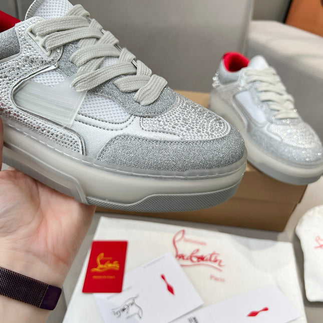 ASTROLOUBI SNEAKER IN SILVER CALFSKIN SPIKES RHINESTONE DETAILS