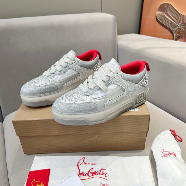 ASTROLOUBI SNEAKER IN SILVER CALFSKIN SPIKES RHINESTONE DETAILS