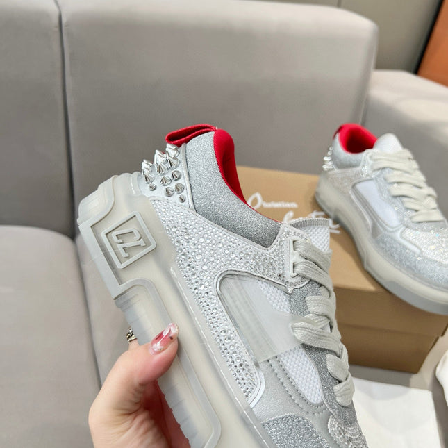 ASTROLOUBI SNEAKER IN SILVER CALFSKIN SPIKES RHINESTONE DETAILS