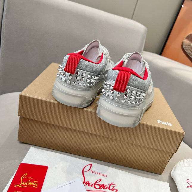 ASTROLOUBI SNEAKER IN SILVER CALFSKIN SPIKES RHINESTONE DETAILS