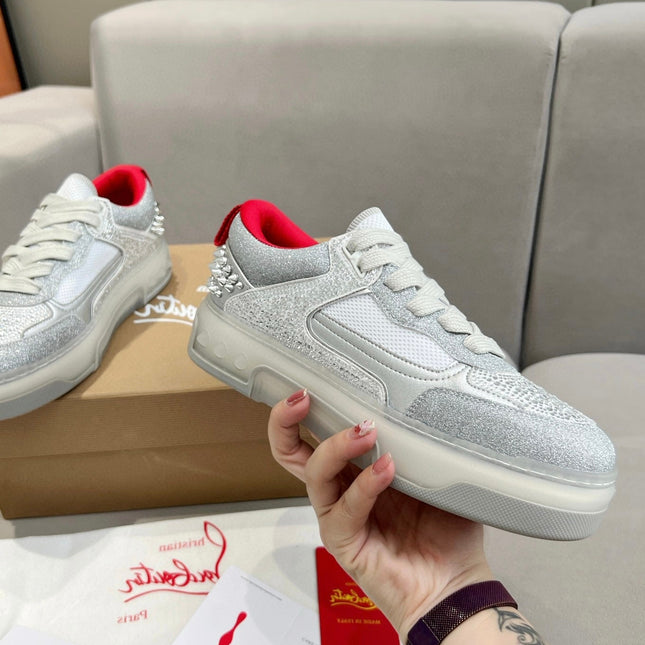 ASTROLOUBI SNEAKER IN SILVER CALFSKIN SPIKES RHINESTONE DETAILS