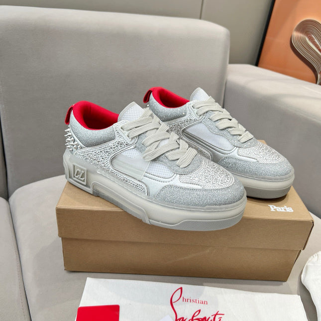 ASTROLOUBI SNEAKER IN SILVER CALFSKIN SPIKES RHINESTONE DETAILS