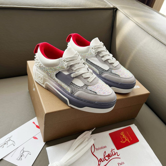 ASTROLOUBI SNEAKER IN WHITE AND GREY CALFSKIN WHITE SPIKES RHINESTONE DETAILS