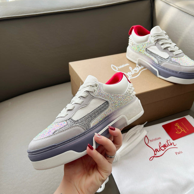 ASTROLOUBI SNEAKER IN WHITE AND GREY CALFSKIN WHITE SPIKES RHINESTONE DETAILS