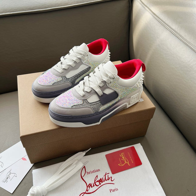 ASTROLOUBI SNEAKER IN WHITE AND GREY CALFSKIN WHITE SPIKES RHINESTONE DETAILS