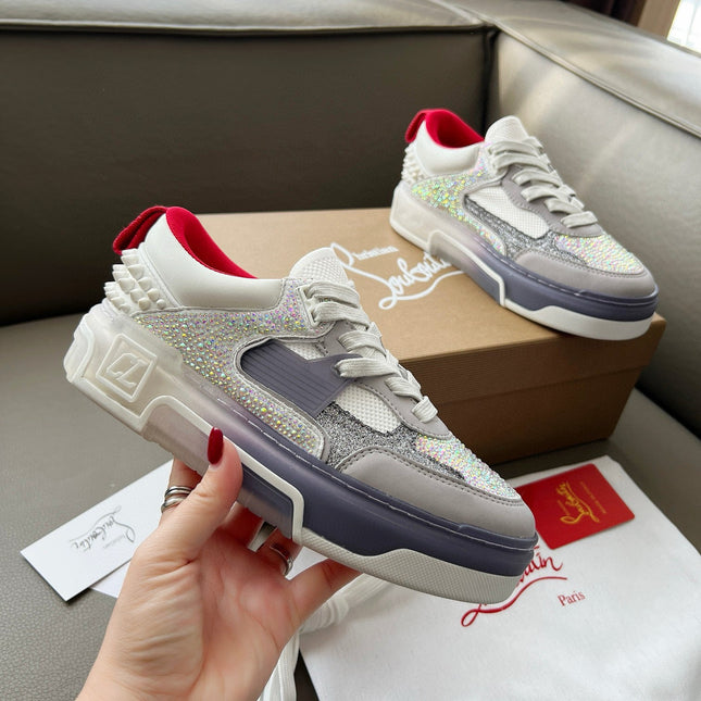 ASTROLOUBI SNEAKER IN WHITE AND GREY CALFSKIN WHITE SPIKES RHINESTONE DETAILS