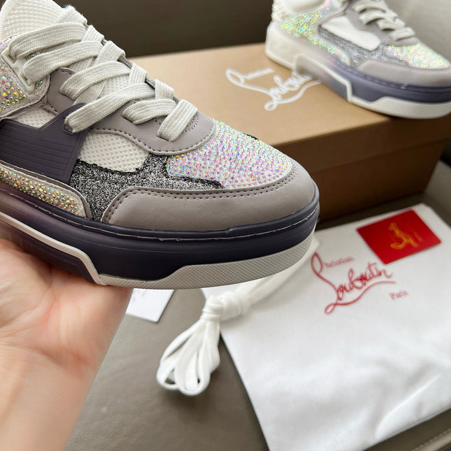 ASTROLOUBI SNEAKER IN WHITE AND GREY CALFSKIN WHITE SPIKES RHINESTONE DETAILS