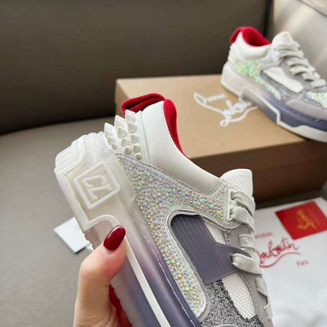 ASTROLOUBI SNEAKER IN WHITE AND GREY CALFSKIN WHITE SPIKES RHINESTONE DETAILS