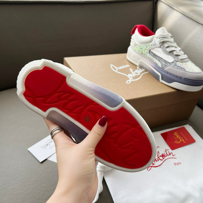 ASTROLOUBI SNEAKER IN WHITE AND GREY CALFSKIN WHITE SPIKES RHINESTONE DETAILS