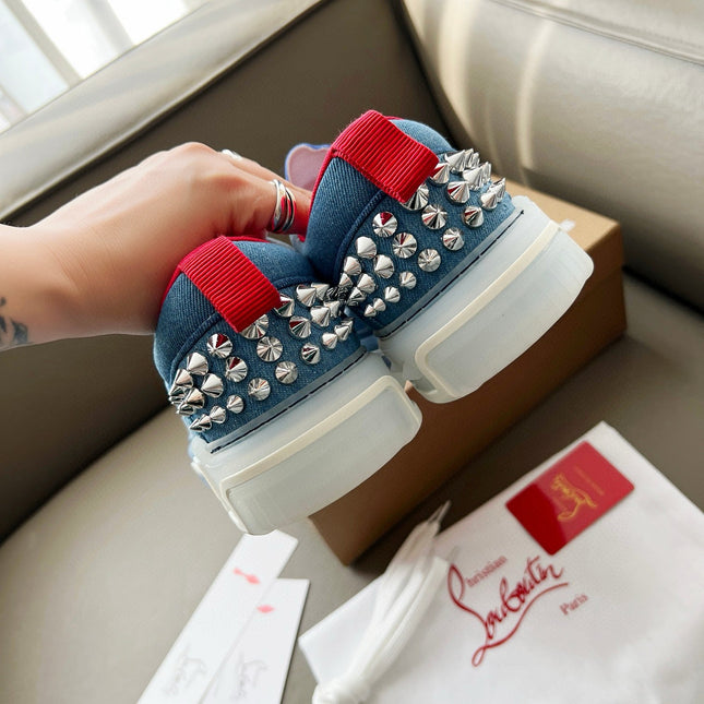 ASTROLOUBI SNEAKER IN BLUE AND WHITE DENIM SILVER SPIKES