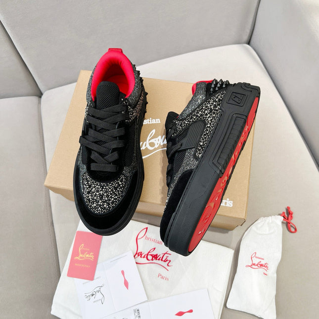 ASTROLOUBI SNEAKER IN BLACK SUEDE BLACK SPIKES RHINESTONE DETAILS
