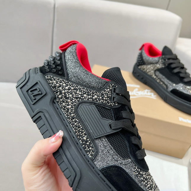 ASTROLOUBI SNEAKER IN BLACK SUEDE BLACK SPIKES RHINESTONE DETAILS