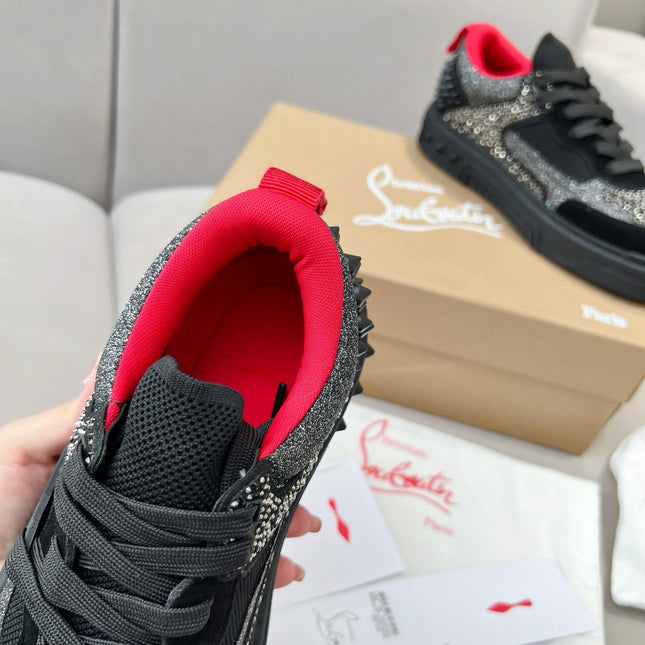 ASTROLOUBI SNEAKER IN BLACK SUEDE BLACK SPIKES RHINESTONE DETAILS