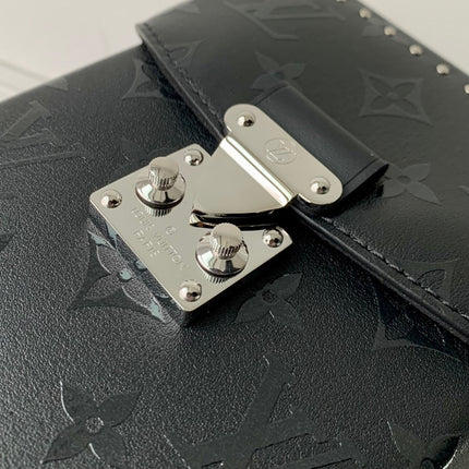 CAMERA BOX BAG 17 IN BLACK MONOGRAM EMBOSSED CALFSKIN SILVER CHAIN