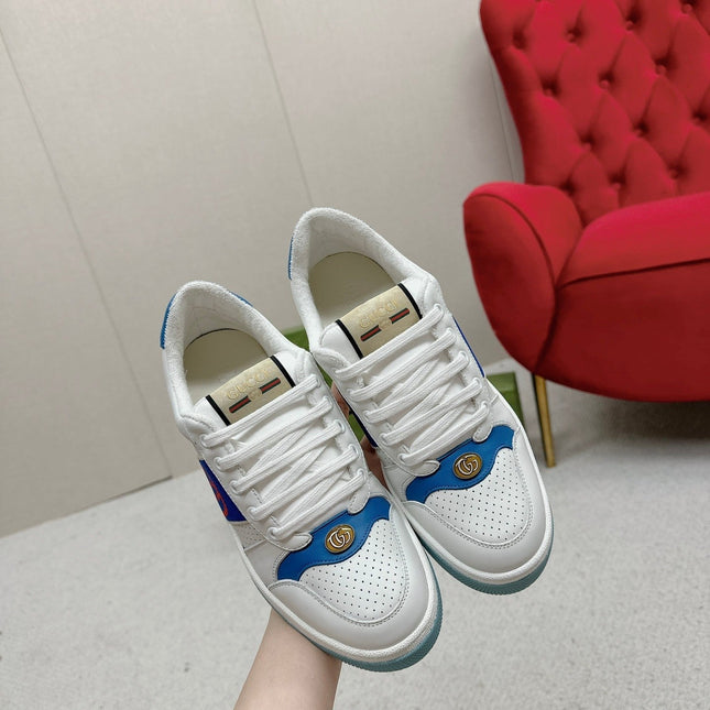 GG WOMEN'S SCREENER TRAINER WHITE AND BLUE CALFSKIN
