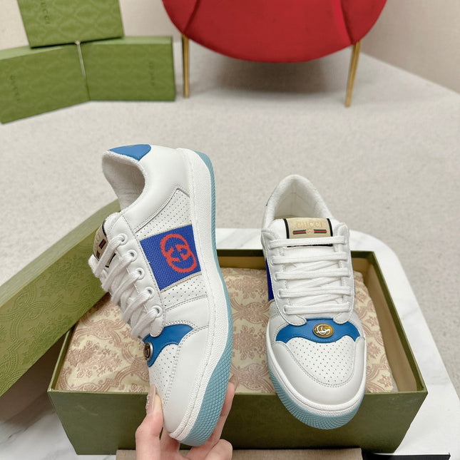 GG WOMEN'S SCREENER TRAINER WHITE AND BLUE CALFSKIN