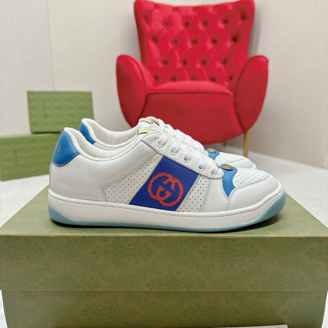 GG WOMEN'S SCREENER TRAINER WHITE AND BLUE CALFSKIN