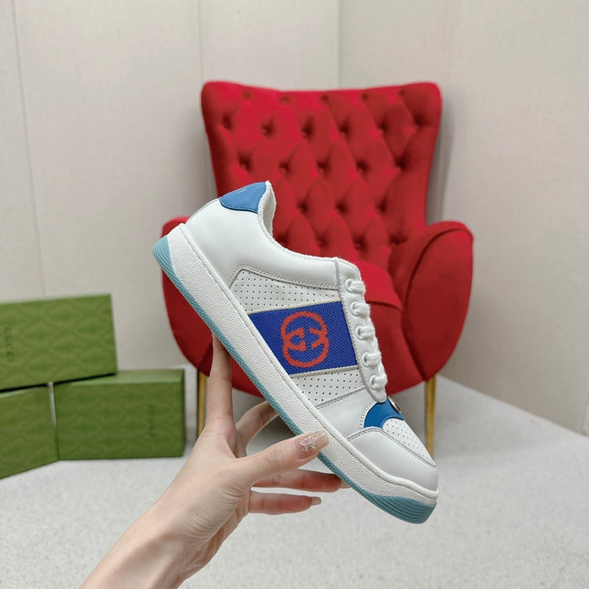 GG WOMEN'S SCREENER TRAINER WHITE AND BLUE CALFSKIN