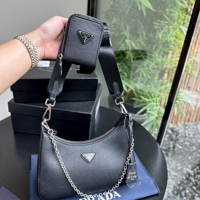 PRA 22 BAG IN BLACK SATIN WITH RHINSTONE SILVER HARDWARE