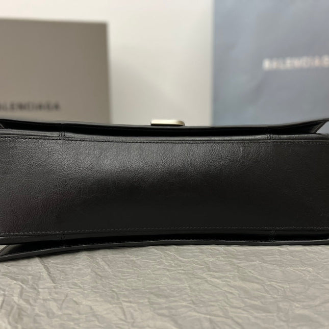CRUSH SHOULDER BAG 31 IN BLACK CRUSHED CALFSKIN LEATHER STRAP SILVER HARDWARE