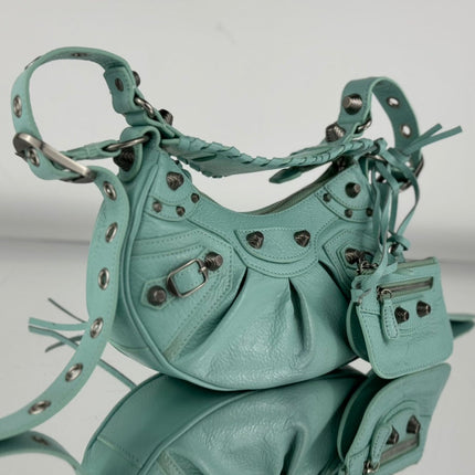 LE CAGOLE SMALL SHOULDER BAG 26 WITH RHINESTONES IN MINT GREEN LAMBSKIN