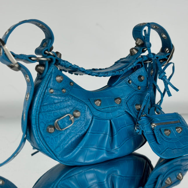 LE CAGOLE SMALL SHOULDER BAG 26 WITH RHINESTONES IN DODPER BLUE CROCODILE EMBOSSED CALFSKIN