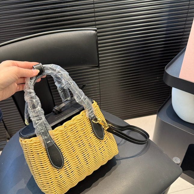 BASKET BAG 18 IN BROWN BEIGE WICKER AND BLACK CALFSKIN TRIM