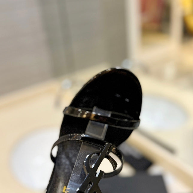 SL CASSANDRA HEELED SANDALS BLACK POLISHED CALFSKIN