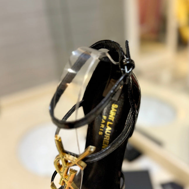 SL CASSANDRA HEELED SANDALS BLACK-GOLD CALFSKIN