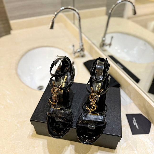 SL CASSANDRA HEELED SANDALS BLACK-GOLD CALFSKIN