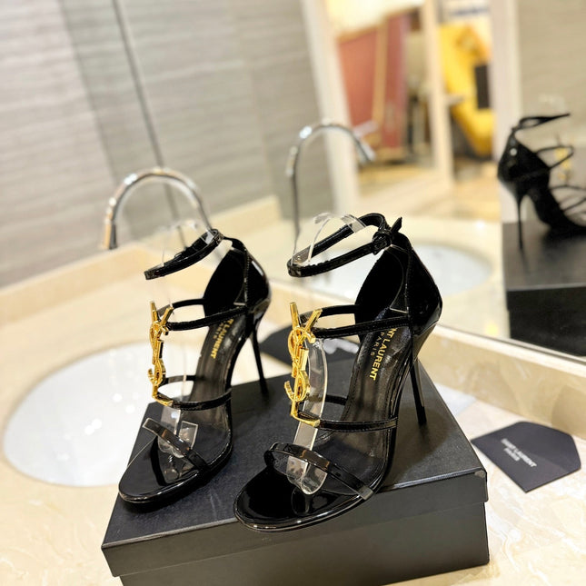 SL CASSANDRA HEELED SANDALS BLACK-GOLD CALFSKIN