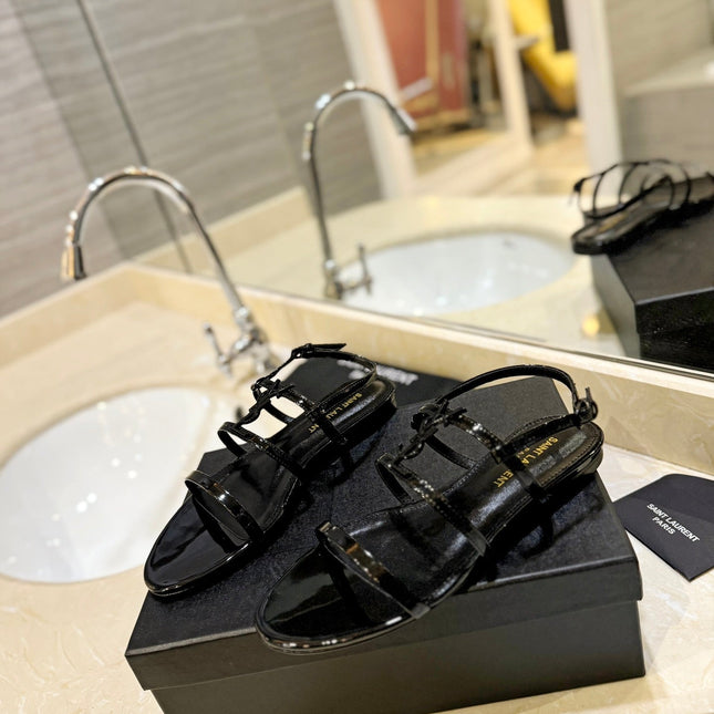 SL CASSANDRA FLAT SANDALS BLACK POLISHED CALFSKIN