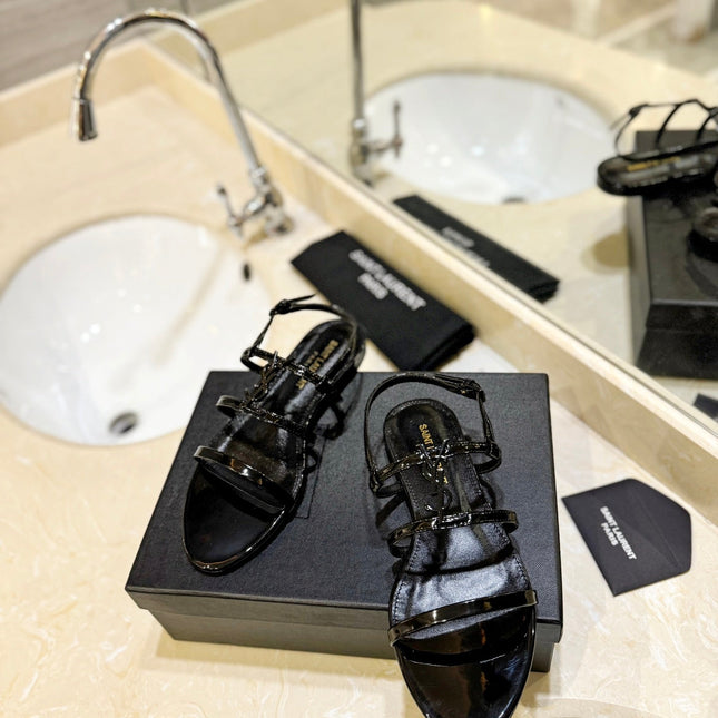 SL LOGO FLAT SANDALS BLACK POLISHED CALFSKIN